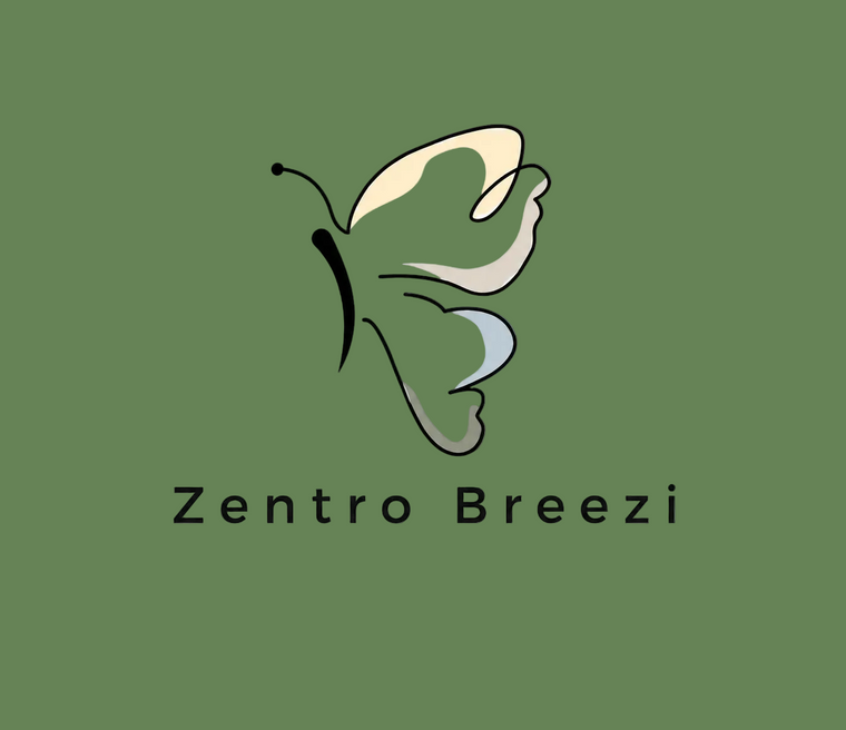 Butterfly logo with 'Zentro Breezi' text on a green background